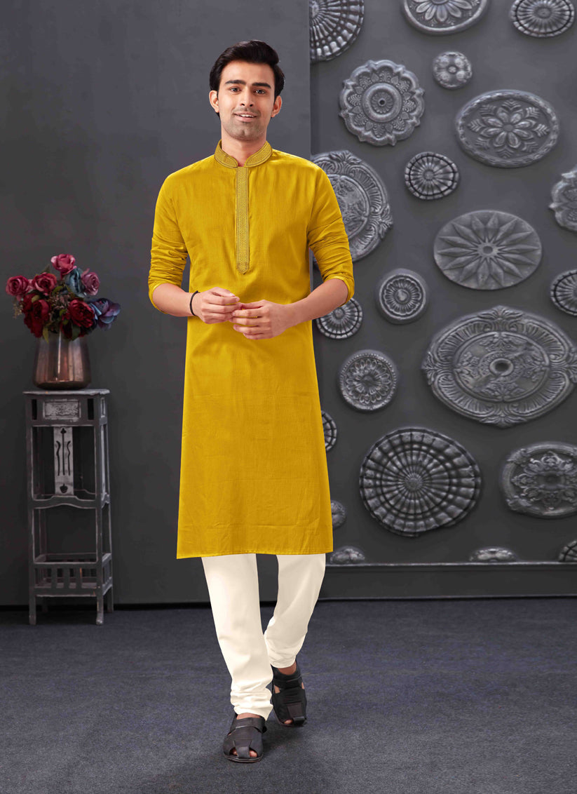 Mustard Blend Silk Mens Kurta Pajama Set