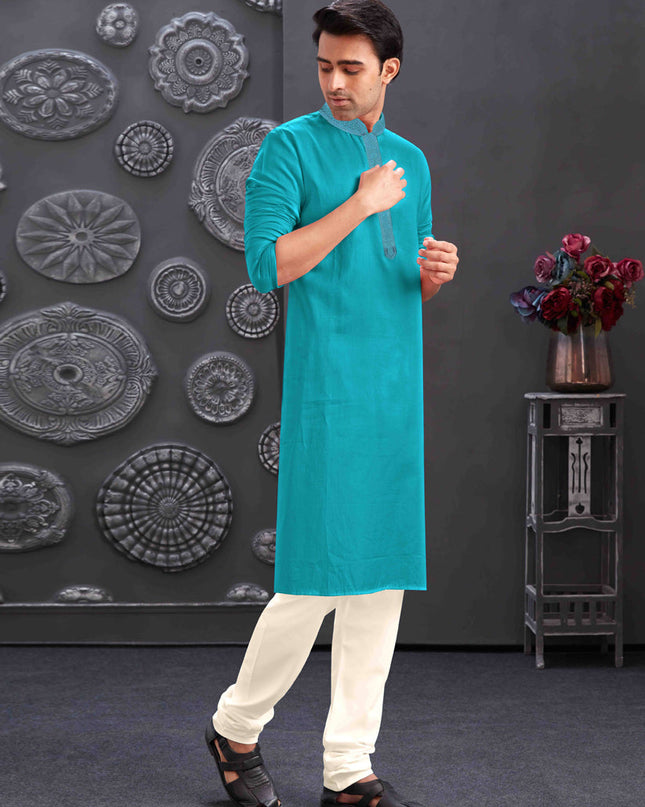 Azure Blue Blend Silk Mens Kurta Pajama Set