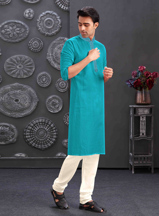 Azure Blue Blend Silk Mens Kurta Pajama Set