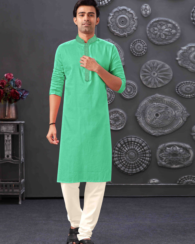 Sea Green Blend Silk Mens Kurta Pajama Set