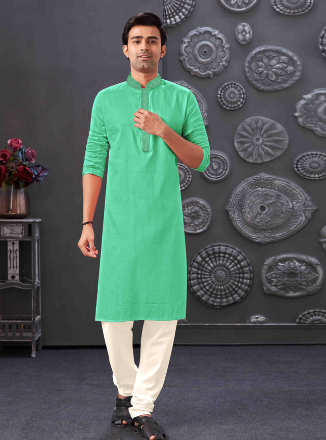 Sea Green Blend Silk Mens Kurta Pajama Set
