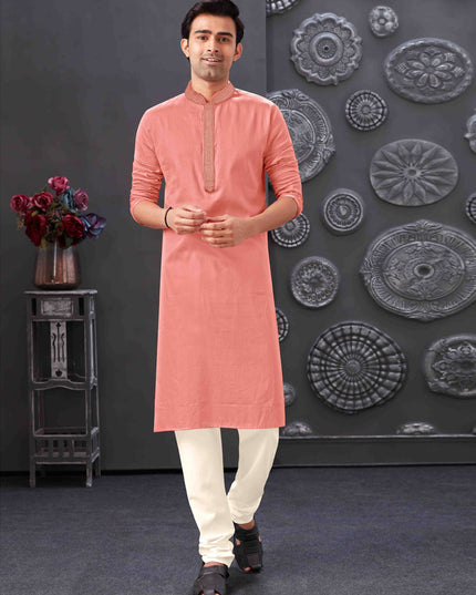 Coral Pink Blend Silk Mens Kurta Pajama Set