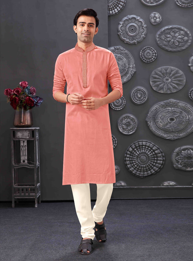 Coral Pink Blend Silk Mens Kurta Pajama Set