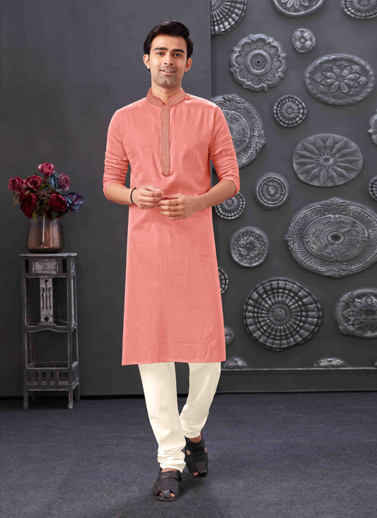 Coral Pink Blend Silk Mens Kurta Pajama Set