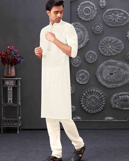 White Blend Silk Mens Kurta Pajama Set