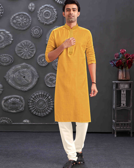 Mustard Yellow Blend Silk Mens Kurta Pajama Set