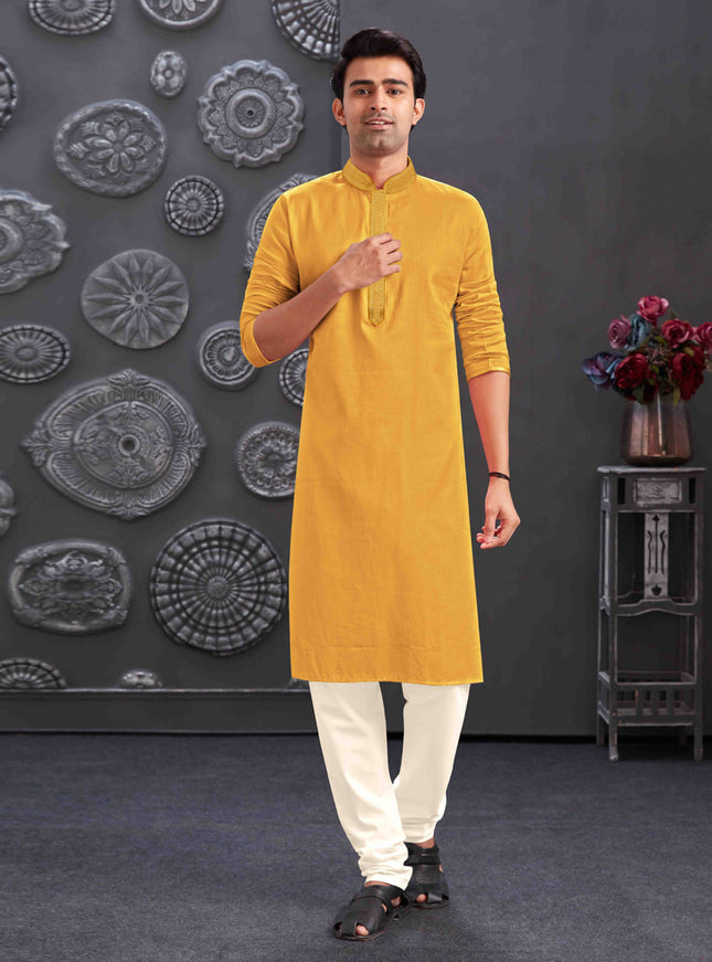 Mustard Yellow Blend Silk Mens Kurta Pajama Set