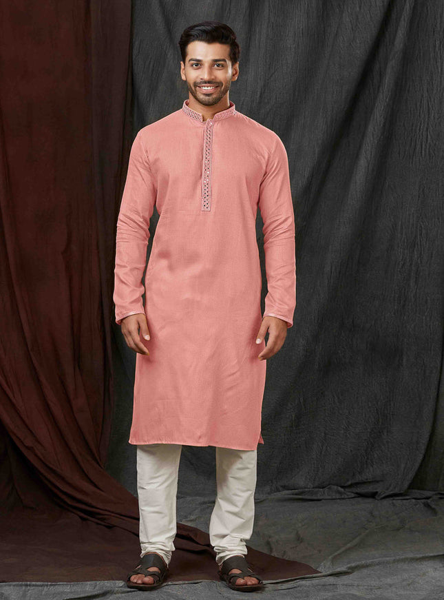 Coral Pink Jacquard Mens Kurta Pajama Set