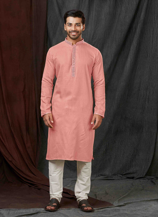 Coral Pink Jacquard Mens Kurta Pajama Set