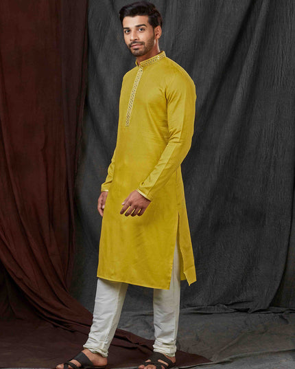 Chartreuse Yellow Jacquard Mens Kurta Pajama Set