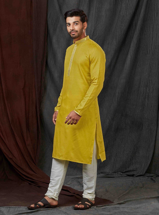 Chartreuse Yellow Jacquard Mens Kurta Pajama Set