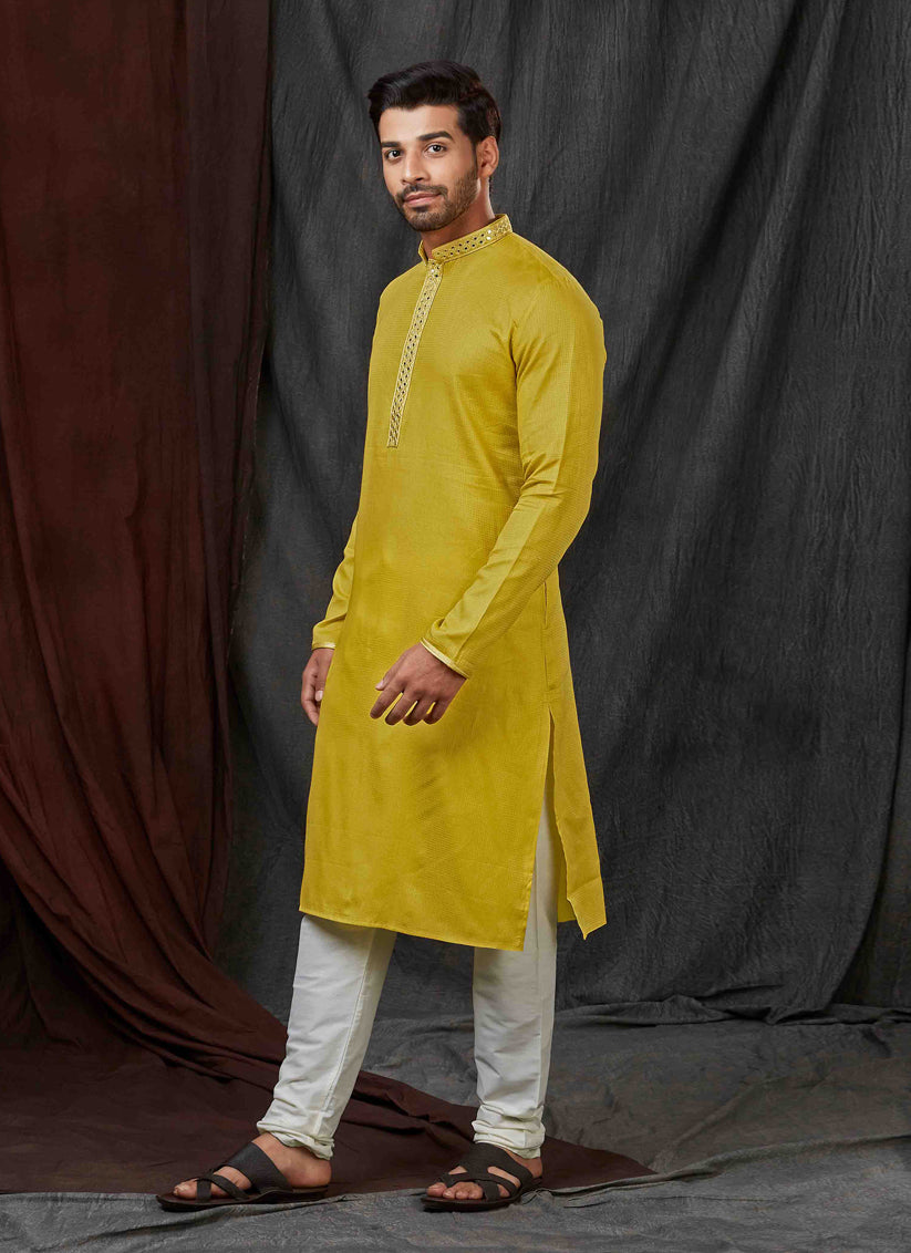 Chartreuse Yellow Jacquard Mens Kurta Pajama Set