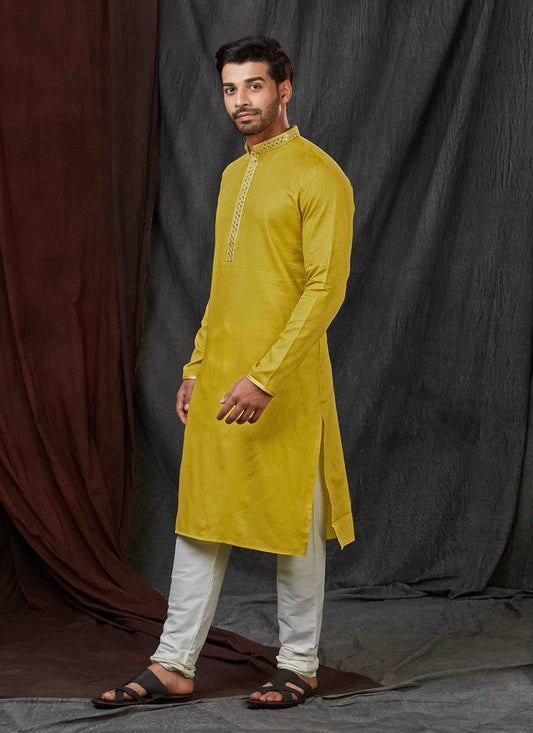 Chartreuse Yellow Jacquard Mens Kurta Pajama Set