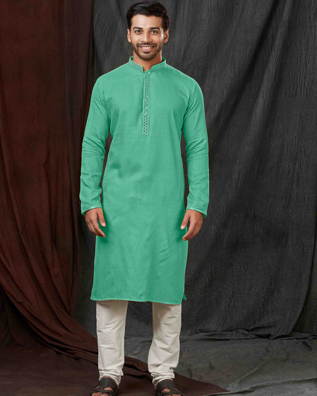 Sea Green Jacquard Mens Kurta Pajama Set