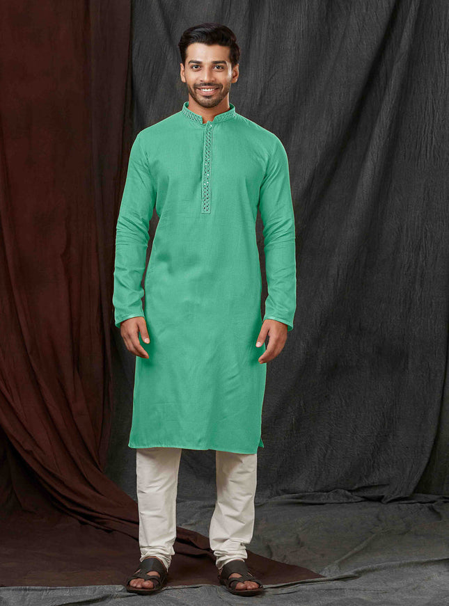 Sea Green Jacquard Mens Kurta Pajama Set