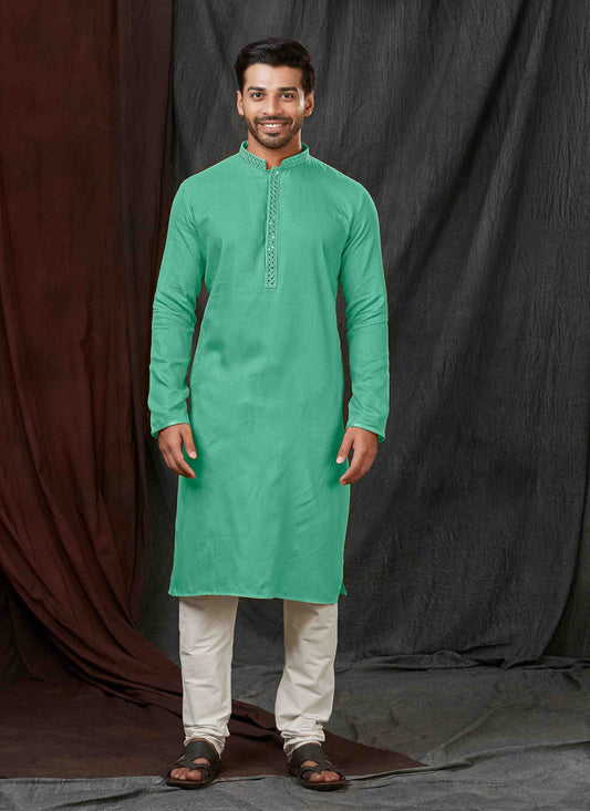Sea Green Jacquard Mens Kurta Pajama Set