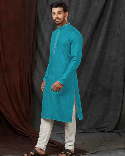 Azure Blue Jacquard Mens Kurta Pajama Set