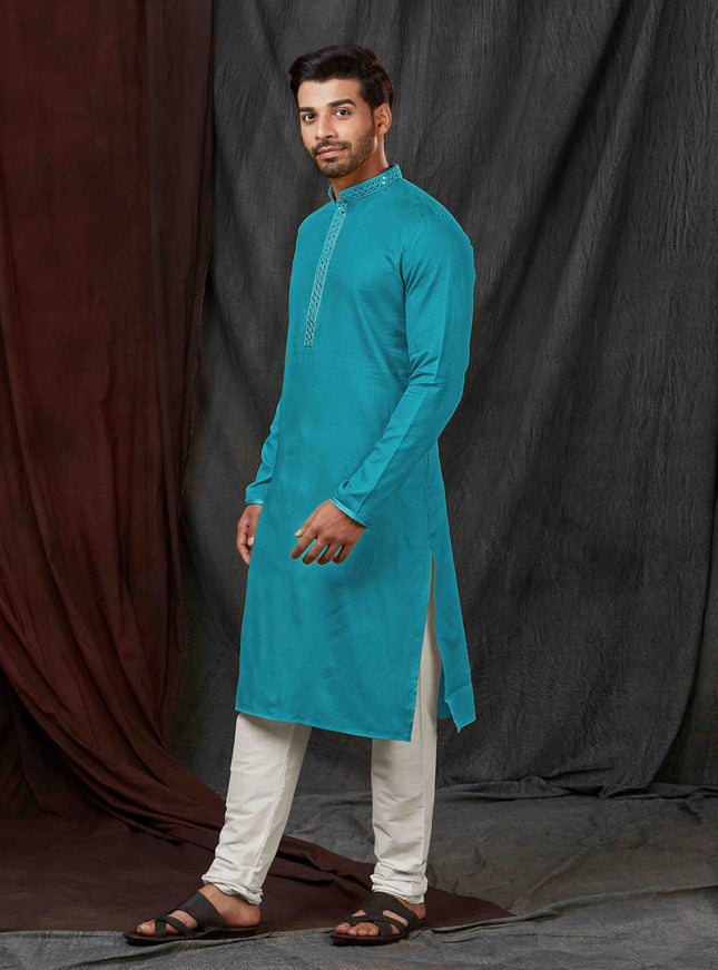 Azure Blue Jacquard Mens Kurta Pajama Set