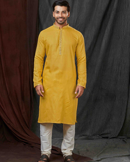 Mustard Yellow Jacquard Mens Kurta Pajama Set
