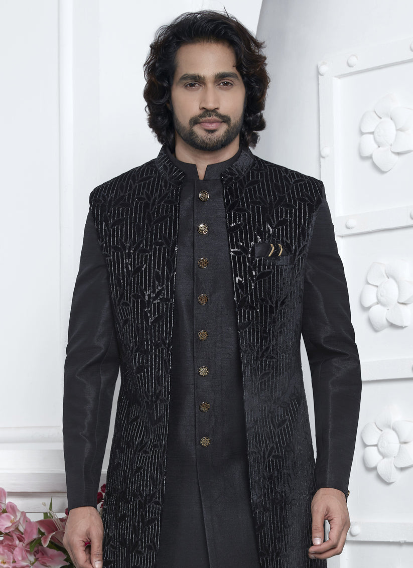 Black Velvet Silk Mens Indo Western Outfit