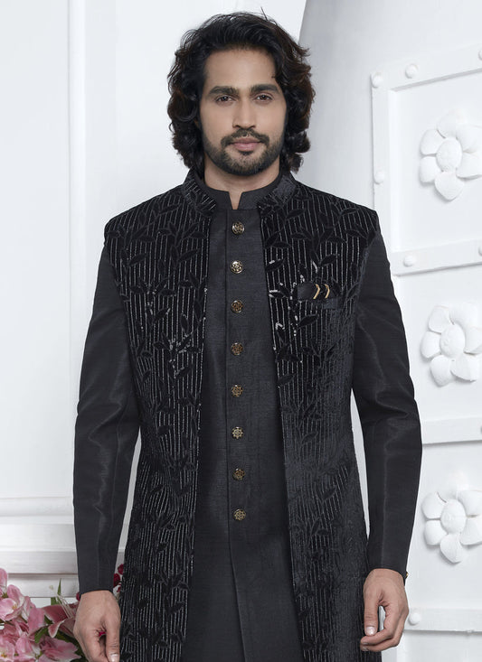 Black Velvet Silk Mens Indo Western Outfit
