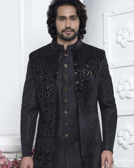 Black Velvet Silk Mens Indo Western Outfit