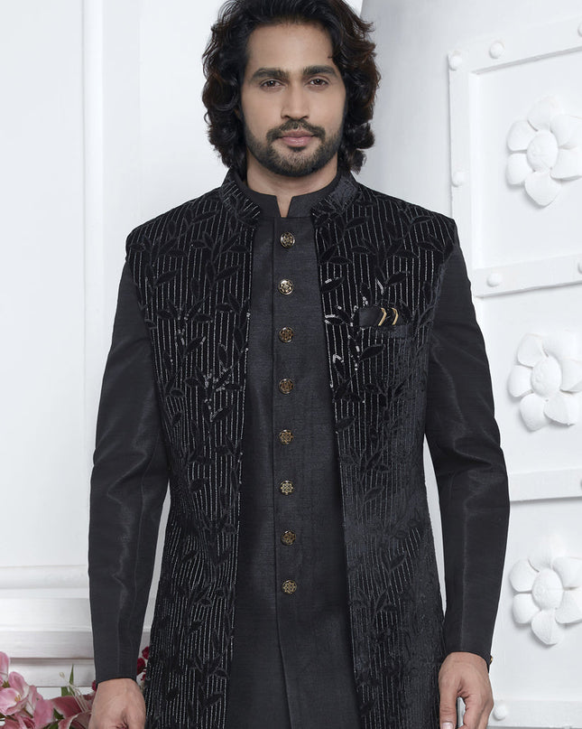 Black Velvet Silk Mens Indo Western Outfit