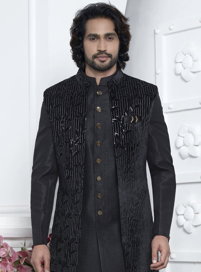Black Velvet Silk Mens Indo Western Outfit