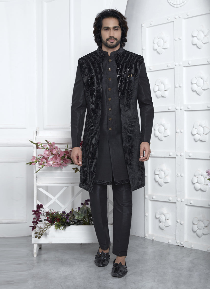 Black Velvet Silk Mens Indo Western Outfit