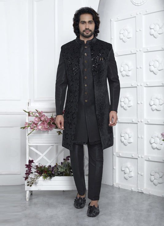 Black Velvet Silk Mens Indo Western Outfit