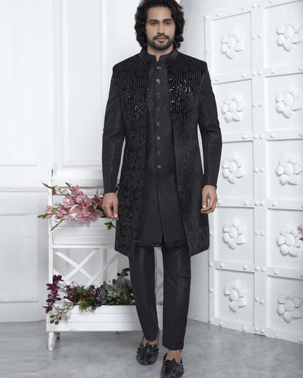 Black Velvet Silk Mens Indo Western Outfit