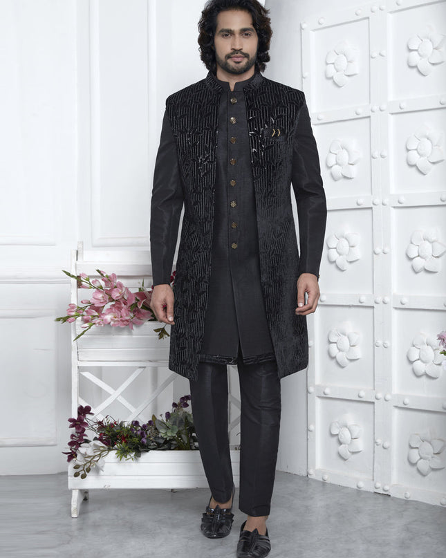 Black Velvet Silk Mens Indo Western Outfit