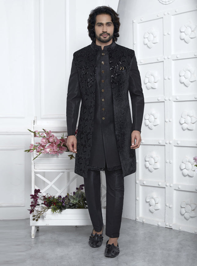 Black Velvet Silk Mens Indo Western Outfit