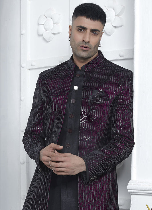 Wine Velvet Silk Mens Indo Western Outfit