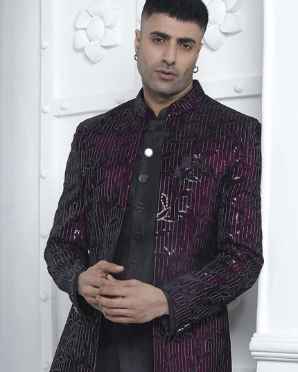 Wine Velvet Silk Mens Indo Western Outfit