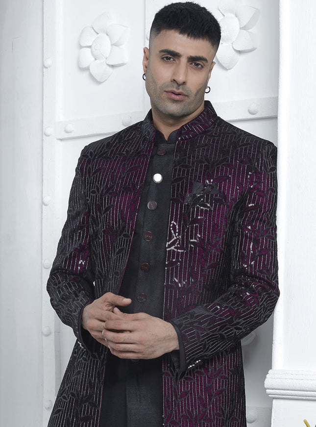 Wine Velvet Silk Mens Indo Western Outfit