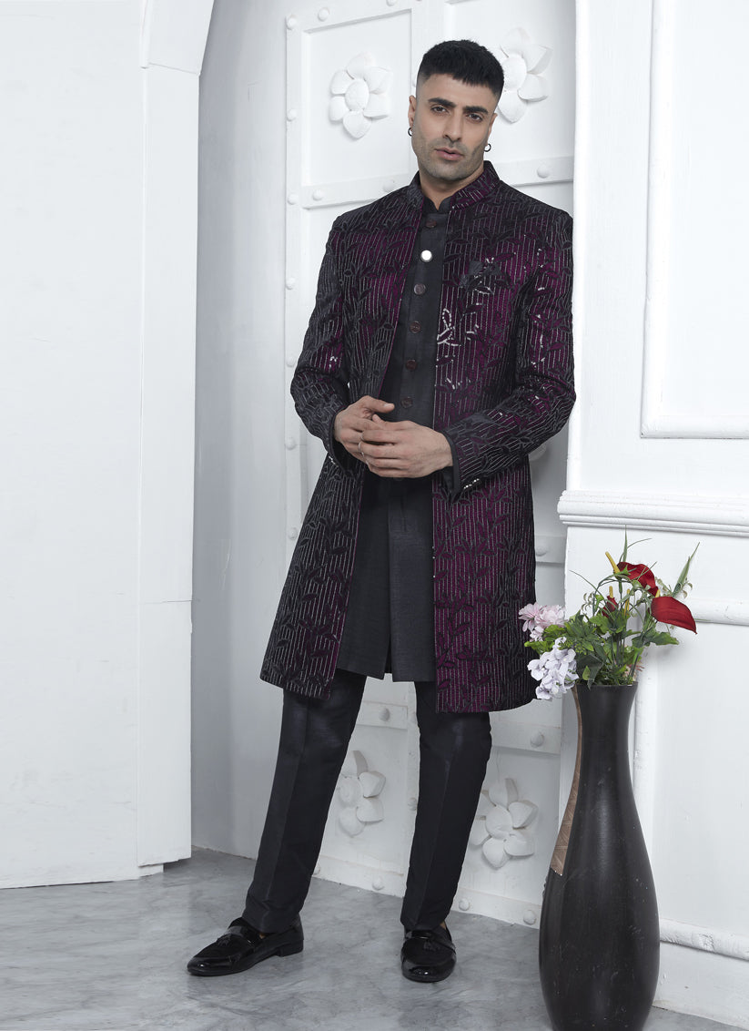 Wine Velvet Silk Mens Indo Western Outfit