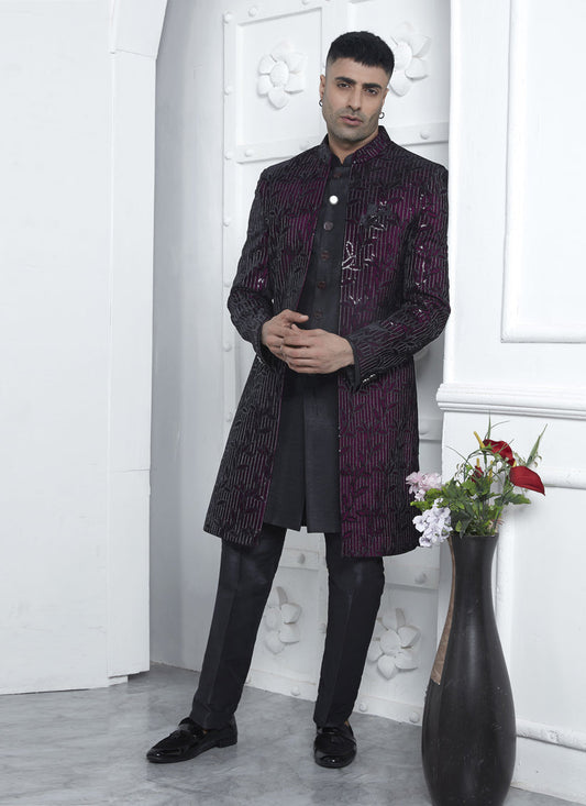 Wine Velvet Silk Mens Indo Western Outfit