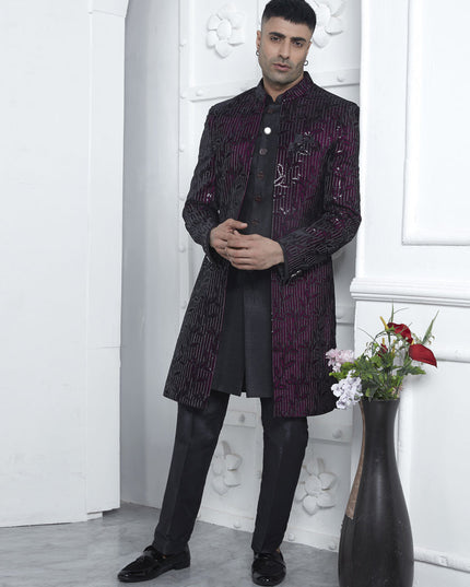 Wine Velvet Silk Mens Indo Western Outfit