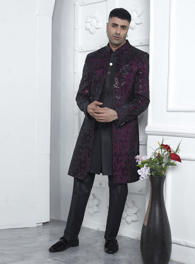 Wine Velvet Silk Mens Indo Western Outfit