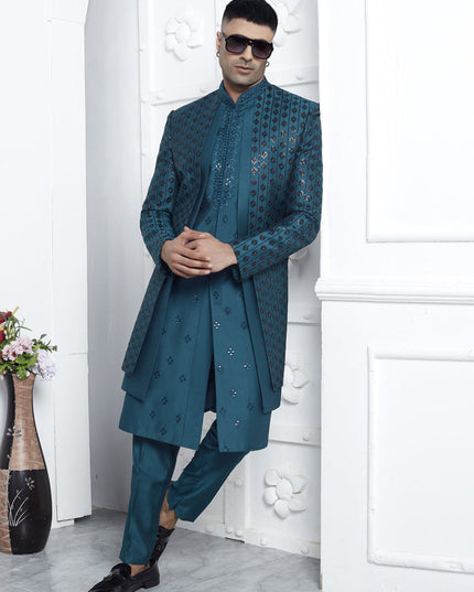 Teal Blue Art Silk Mens Indo Western Outfit