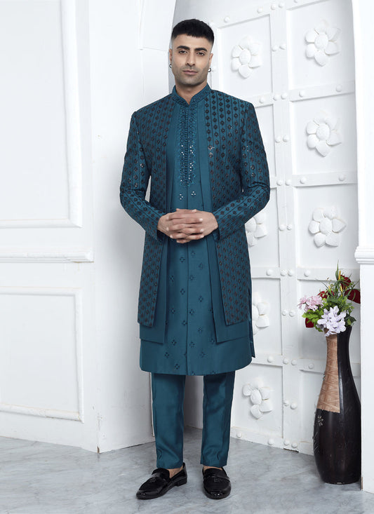 Teal Blue Art Silk Mens Indo Western Outfit