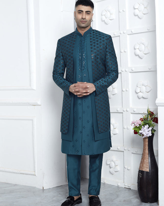 Teal Blue Art Silk Mens Indo Western Outfit