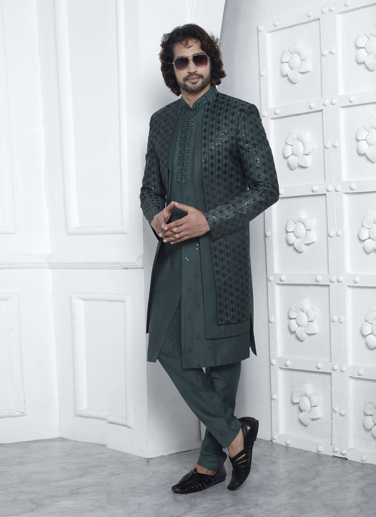 Bottle Green Art Silk Mens Indo Western Outfit