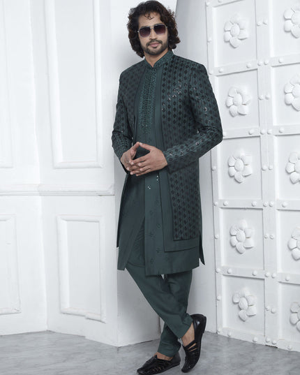 Bottle Green Art Silk Mens Indo Western Outfit