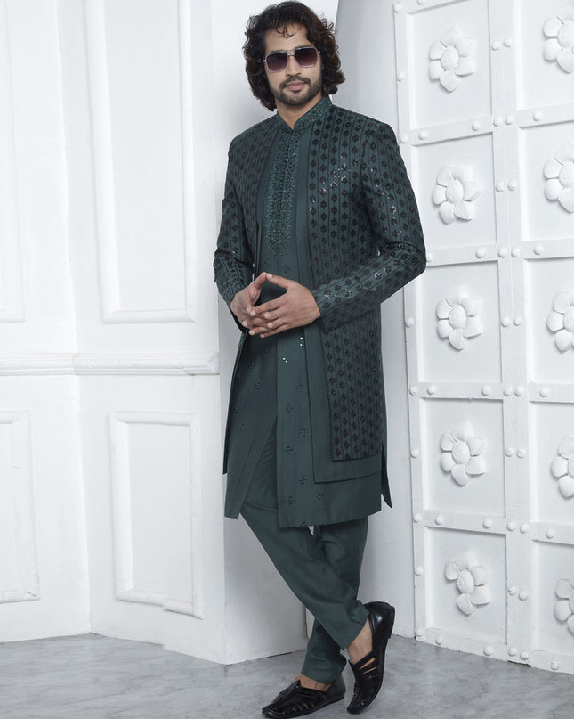 Bottle Green Art Silk Mens Indo Western Outfit