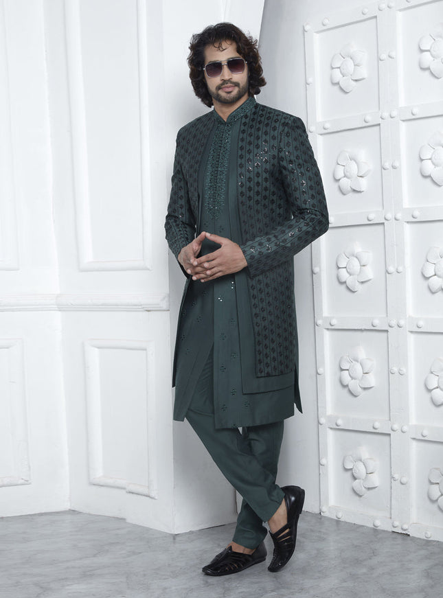 Bottle Green Art Silk Mens Indo Western Outfit