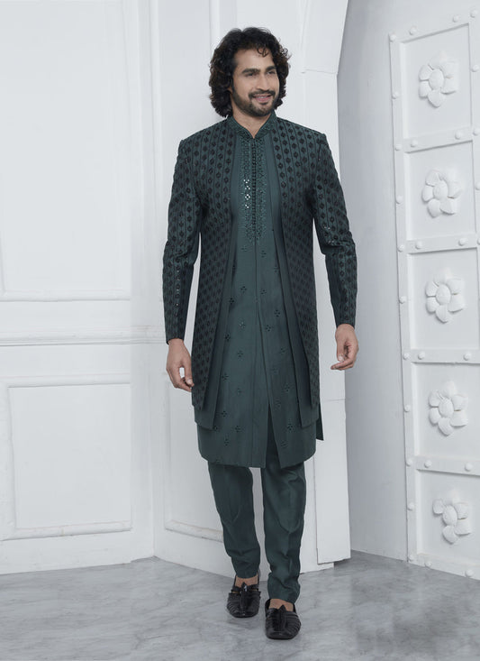 Bottle Green Art Silk Mens Indo Western Outfit