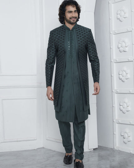 Bottle Green Art Silk Mens Indo Western Outfit