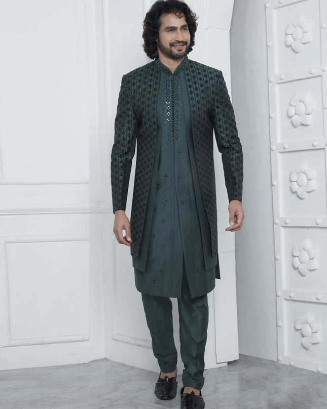 Bottle Green Art Silk Mens Indo Western Outfit